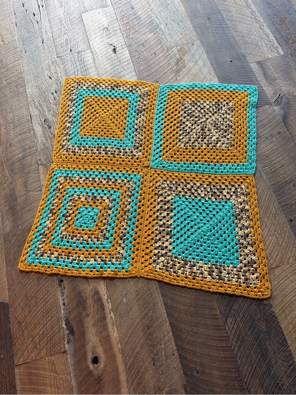 Vintage Handmade Crochet Baby Blanket Granny Square Mustard Aqua 42x42